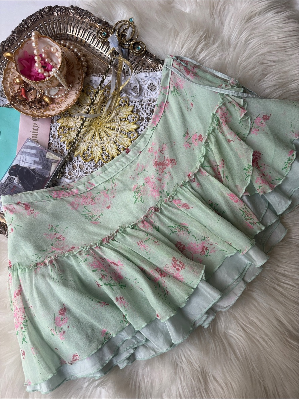 Vintage Silk Abercrombie Fitch Y2k Floral Flirty Coquette Mini Skirt M Mint Pink